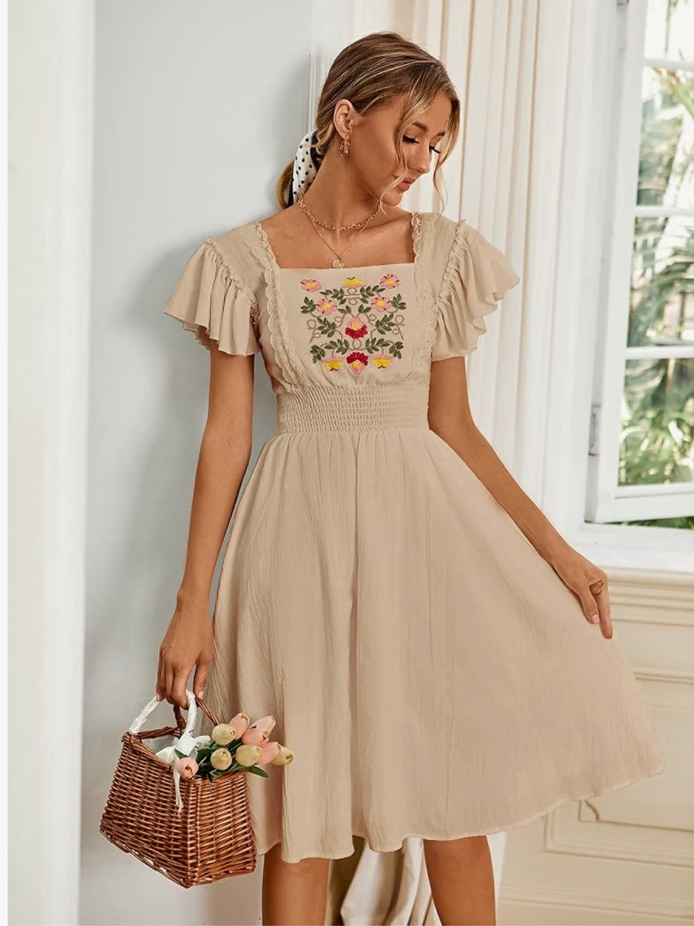 Beige Embroidered Ruffle-Sleeve Midi Dress